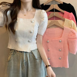Fongt New French Gentle Style Design Double Buckle Bubble Sleeve T-Shirt Knitted Short