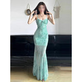 Mint Green Print Mesh Seaside Holiday Dress Cold Hot Girl Inside The Slings Fishtail