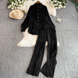 Fongt Light Luxury Heavy Lace Splicing Temperament Long-Sleeved Shirt Tight High Waist Thin Broad Leg Trousers Two Sets Of Women