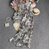 Fongt Suit Female Korean Version Of The Lantern Sleeves Loose Single-Chamed Dizzled Dyed Printed Shirt Three Sets Of High-Rise Broad-Legged Trousers