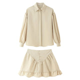 Fongt For Women's Clothing INS Explosive Temperament Collar Buckle Shirt Leaf-Side Skirt Set