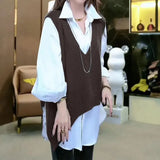 Winter Knitted Sweater Vest Female Clothing Commute Two Piece Set Korean Stylish Asymmetrical Loose Casual V-Neck Jumpers-Outfit