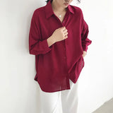 Arrival Women Solid Turn-down Collar Chiffon Blouse Oversize Button Up Wine Red Shirt Korea Style Feminina Blusa