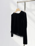 Fongt Pull Full Feather Decorative Atmosphere Top Early Spring New Black Velvet French Long-Sleeve T-Shirt-Outfit