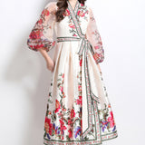 Fongt Retro Cross-Lace With Waist V-Neck Yarn Lantern Sleeves Thin Temperament Print Dress