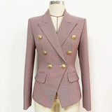 QUANLITY Newest 2023 Designer Jacket Women's Classic Metal Lion Buttons Double Breasted Slim Fitting Houndstooth