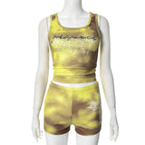 Fongt Women's Spring And Summer Vest Round Collar Dyed Print Sticker Sleeveless Tight Waist