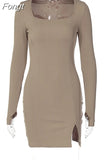 Ribbed Women Solid Long Sleeve Slit Mini Dress Square Collar Bodycon Sexy Streetwear Party Club 2023 Autumn