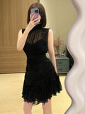 Patchwork Layered Ruffle Hem Dress For Women Turtleneck Sleeveless High Waist Solid Mini Dresses Female Summer