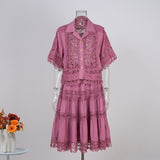 Fongt Court Style Lace Lace Hollow Hook Short Blouse High-Waisted Lace Spliced Skirt Suit