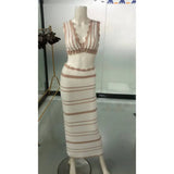 Fongt Striped Bikini Knitted Vest Sling Suit Beach Bohemian Style Long Dress