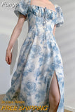 Dress Elegant Square Collar Lace-up Women Floral Summer Puff Sleeve Slim Waist Female Split A-line Dresses Female