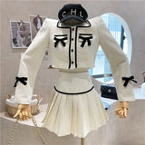 Autumn Winter Tweed 2 Piece Set Women Sweet Sexy Bow Short Jacket Coat + High Waist A-line Skirt Suits Korean Vintage