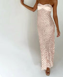Fongt Spring And Summer New Pectoral Texture Fabric Lace Beads Dew Long Dress LX0154