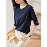 Fongt Design Five Sleeve T Shirt Summer 2023 New Fashion Button Design Five Sleeve T Shirt Women-Outfit