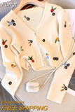 Spring Autumn White Sweet Pink Flower Embroidery Women Cute Knitted Cardigan V-neck Tops Chic Single-breasted
