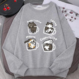 Coffee Cute Kitten Print Oversized Sweatshirt-Outfit