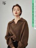 Women Winter Retro Warm V-neck Temperament Pullover Sweater Loose Apricot Outer Sweater Women Grey Commuter