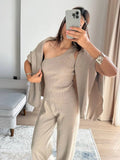 Fongt Lazy Knitted Casual Sweater Gray Camel Two-Color High-End One-Shoulder Vest With Wide-Legged Trousers