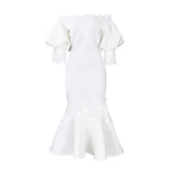 Fongt Women's One-Word Collar Bubble Sleeve Lace Splicing Banquet Fishtail Dress Dress Dress Dress Dress Dress