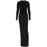 Summer Women's Fashion Hollow Out Solid Color Long Sleeve Slim Crop Sexy Dress-Outfit