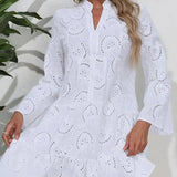 Fongt And Summer 2025 Pure Color V-Neck Loose Embroidered Empty Lace Sexy Dress