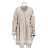 Fongt Women's Summer New Cotton And Linen French Skirt Temperament Commuter V-Collar Lantern Sleeve Loose Dress-Outfit