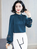 Women's Blouse Silk Tops for Women Solid Embroidered Long Lantern Sleeve Top Stand Neck Clothing Female 2023 Basic