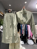 Summer Y2K Two Piece Set Drawstring Loose Jackets Short Female Windproof Coat High Waist Cargo Skirt Big Pocket