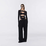 Fongt Autumn Fashion Trend Women's New Long-Sleeved Hollow Body Open Umbilly Solid Color Conjoined