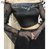 Black Gothic Women's T-shirt Streetwear Spider Web Sexy See Through Long Sleeve Crop Top Bandage PU Patchwork Punk