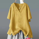 Fongt Summer New Solid Color Buffet Short-Sleeved V-Neck T-Shirt Women Irregular Large Cotton Loose Leisure
