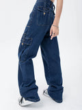 Waist Blue Womens Loose Jeans 2023 Streetwear Fashion Y2K Pockets Straight Leg Denim Trousers Retro Mom Jeans Cargo