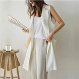 Single-breasted Loose Simple Vest Jacket White 2020 Autumn Spring Sleeveless Suit Waistcoat Linen Long Coat Female