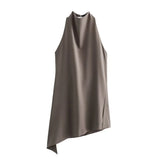 Fongt Women's ZA Hanging Neck Collar Minimalist Asymmetrical Top With Trousers Set