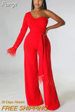 Elegant Royal Blue Single Shoulder Feather Jumpsuits Womens Tied-Front Bandage Wide Legs Jumpsuits Nightclub