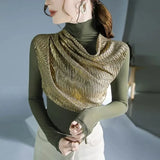 Chic Sequined Gauze T-shirt Patchwork Female Clothing Casual Turtleneck Spring Autumn Slim All-match Long Sleeve Pullovers-Outfit