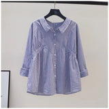 Fongt Shirt 2025 Spring And Autumn Small Fresh Light Blue Vertical Striped Shirt Female Design Feeling Waist Long Sleeve Loose Top
