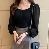 Fongt Bubble Sleeves Women's Long Sleeve Spring New Square Collar Knitted Shirt Dress Jacket Coat Jacket