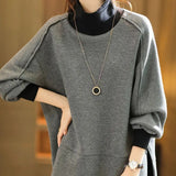 Streetwear Loose Solid Color Stylish Asymmetrical Split Pullovers Spring Autumn Turtleneck Patchwork Korean Sweatshirts-Outfit