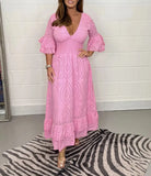 Fashion V Collar Horn Sleeves Cotton Lep Cotton Leprosy Dress