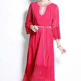 Fongt Luxury Famous Dress Women Spring Diamond Seven-Sleeve Mesh Splicing Design Chic Temperament Dress