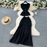Fongt Fan Temperament Two Sets Of Summer High-End Sleeveless Knitting Top High-Waisted Splicing Bag Hip Skirt Suit