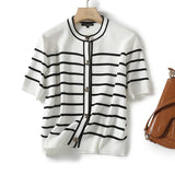 New Summer Style Small Fragrant Style Button Design Striped Cardigan-Outfit