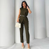 Fongt Summer New Solid Color Round Collar Sleeveless Top High Waist Broad Leg Pants Two Sets Of Women