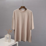 Fongt Loose Open Fork Cotton Short-Sleeved T-Shirt Women Comfortable Round Neck Solid Color T Hot Sale