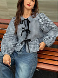 Fongt Women's Plaid Loose Bow Long-Sleeved Shirt