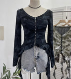 Real Shooting Wasteland Hottie Make Old Hole Tie-Dye V-Neck Irregular Ribbon Long-Sleeved Top Short T-Shirt