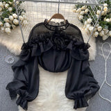 Fongt Sense Irregular Flounce Mesh Shirt Female Spring Autumn Sleeve Fold Small Slim Chic Jacket Tide-Outfit