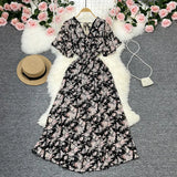 Fongt Wind Temperament Sweet Broken Flower V Collar Dress Beach Vacation Snow Spinning A Word Long Skirt-Outfit